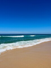 Blue seascape, sandy sea coastline, empty wild beach, pure blue sky, sea horizon
