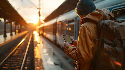 Teenager is waiting for a train on the platform with phone in his hands against the backdrop of sunset.