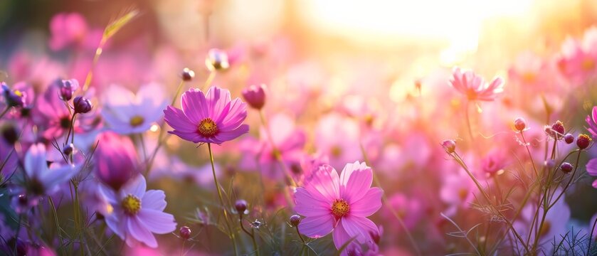 Vibrant Cosmos Flower Field Basking In Sunlight, Creating A Picturesque Artistic Shot. Сoncept Nature Photography, Stunning Landscapes, Majestic Waterfalls, Serene Sunsets, Wildlife Captures © Ян Заболотний