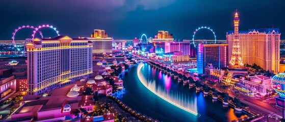 Vibrant Las Vegas Uncover The Citys Allure Through A Thrilling Adventure. Сoncept Casino Crawls, Neon Nights, High Roller Rides, Gourmet Dining, Showstopping Performances - obrazy, fototapety, plakaty