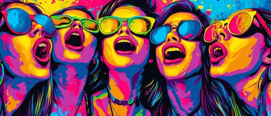 Capturing The Energetic Social Interaction And Joyful Atmosphere Of A Vibrant Pop Art Group Selfie. Сoncept Pop Art Group Selfie, Energetic Social Interaction, Joyful Atmosphere, Vibrant Colors