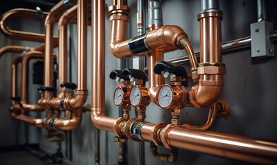 Boiler room equipment - copper pipeline of a heating system. Plumbing service for modern heating system.