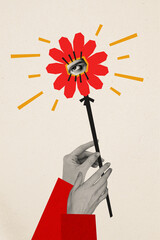 Vertical collage picture of black white colors arms hold magic wand flower watching eye inside...