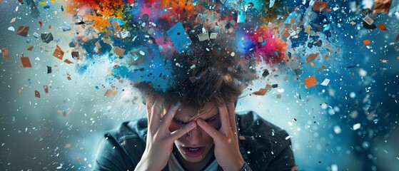 Young Persons Head Bursting With Information Overload And Media Addiction. Сoncept Technology Addiction, Information Overload, Media Overwhelm, Digital Detox, Youth And Technology