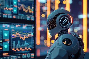 A robot engaged in a screen displaying stock trading and cryptocurrency analysis.