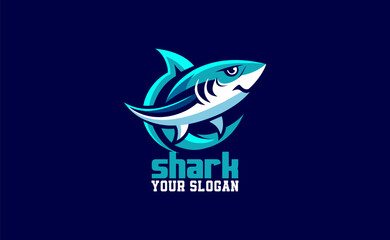 Cute minimalist shark logo, blue shark smiling character mascot icon funny cartoon vector style