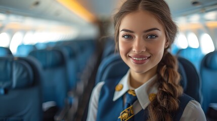 Skybound Elegance: Portrait of Stewardess in Airplane Cabin
