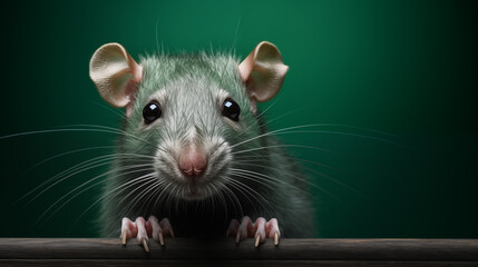 Ratte / Maus mit grünem Fell vor grünem Hintergrund. Portrait, frontal. Fotorealistische Illustration