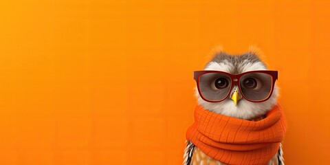 Naklejka premium Owl wrapped in an orange scarf with glasses.