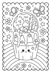 Cupcake with donut, rainbow. Kawaii characters. Sweets, dessert. Cute coloring page for kids and adults, black and white vector illustration.