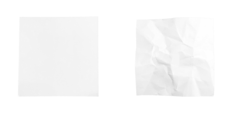 A sheet of empty paper in PNG format or on a transparent background. Decoration and design element for a project, banner, postcard, business, presentation. A piece of crumpled white paper.