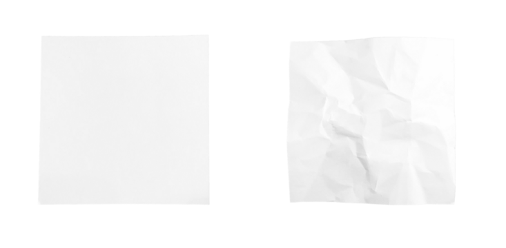 A sheet of empty paper in PNG format or on a transparent background. Decoration and design element for a project, banner, postcard, business, presentation. A piece of crumpled white paper.