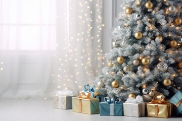 Snowy Artificial Christmas Tree Decorated With Gold and Silver Ornaments