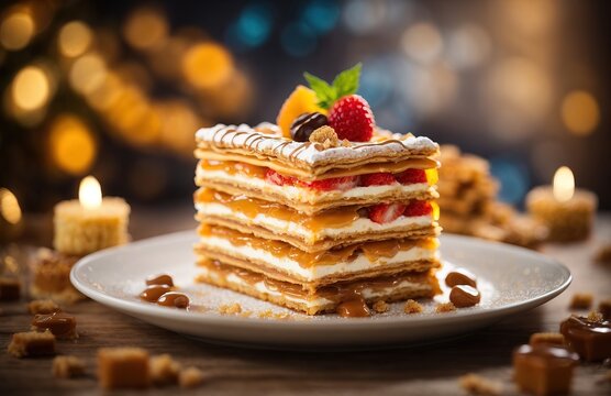 Caramel mille-feuille cake on a plate
