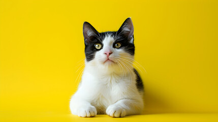 Close up portrait of black and white cat isolated on yellow background with copy space. Banner for...