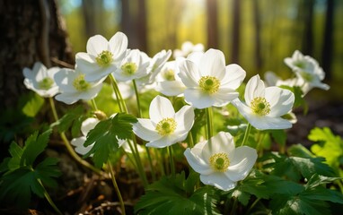 Beautiful white flowers of anemones in spring