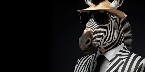 Fototapeta na wymiar Zebra in a straw hat and sunglasses dressed in a suit