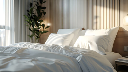 White bedding Mattress and Pillows duvet cover ısolated background. after good sleep concept, side view.