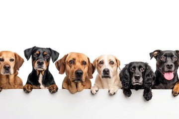 Group of different dogs peeking out of blank banner