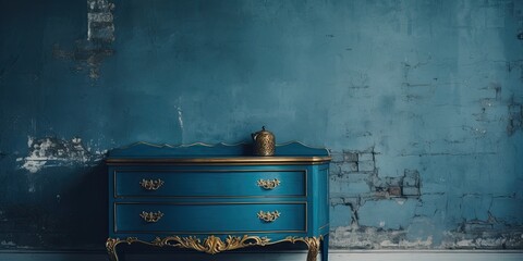 Blue drawer and golden mirror in a vintage house with baroque grunge aesthetic.