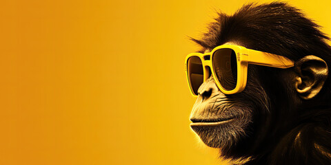 A stylish chimpanzee with yellow sunglasses. - obrazy, fototapety, plakaty