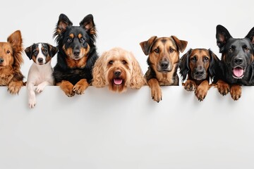 Group of different dogs peeking out of blank banner