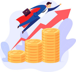 Superhero businessman soars over coin stacks, symbolizing financial growth. Success concept with rising profits and career progression.
