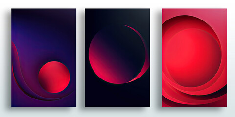 Three vertical abstract banners with red and purple shapes.