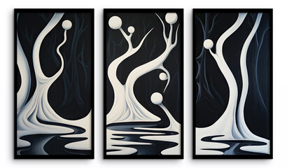 Three black and white posters with an abstract fantasy painting of a forest and dark waters.