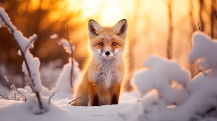 Fototapeta premium Beautiful vulpes fox against the backdrop of a snowy winter forest with a bushy tail, hunting in the freshly fallen snow in the park. wild forest animals.