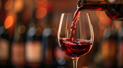  a wine glass full of red wine pouring on a background