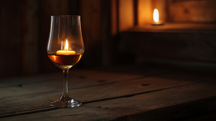  a wine glass with a lit up candle inside in