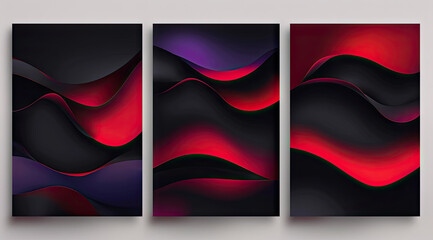 Three vertical abstract paintings of red and black waves colors.