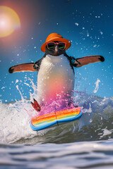 Obraz na płótnie Canvas Generative AI illustration of penguin with sunglasses and hat