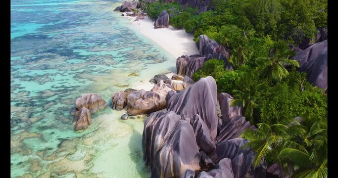 Aerial view of Anse Source d'Argent shoreline. La Digue island, Seychelles