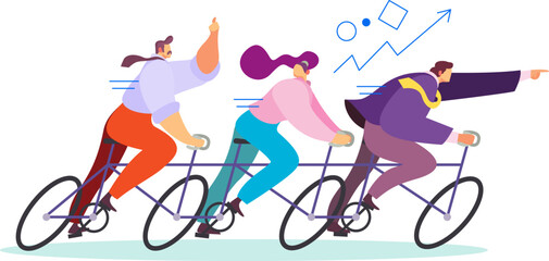 Illustration of three animated characters riding a tandem bicycle, the leader pointing forward, symbolizes teamwork and direction. Animated trio on a multi-seat bike, promoting cycling, coordination