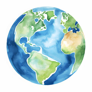 Watercolor painted planet Earth globe isolated on white background. Ai generative.