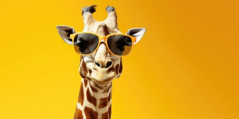 Giraffe wearing sunglasses against a yellow backdrop.