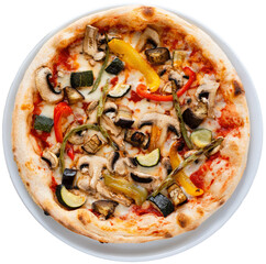Topview of delicious vegetarian pizza with champignon mushrooms, tomatoes, mozzarella, peppers and...