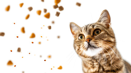 A funny cat with beautiful big eyes looks at dry cat food that is falling (flying) on a white background. The concept of healthy food for cats.
