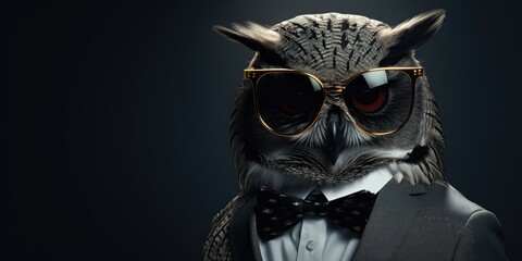 An owl in a suit and sunglasses on a dark background. - obrazy, fototapety, plakaty