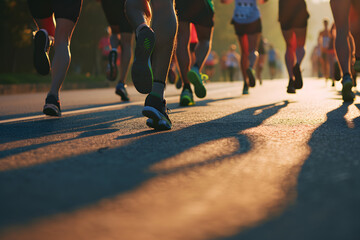 Photo of the legs of people in sneakers from behind running along the road against the backdrop of sunset