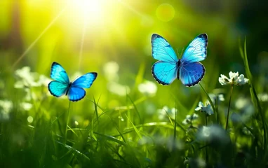 Tuinposter Blue butterflies on green spring meadow © Stormstudio