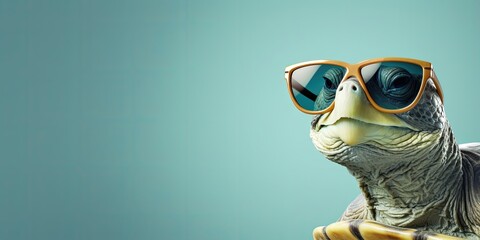 A turtle with oversized sunglasses against a teal background. - obrazy, fototapety, plakaty