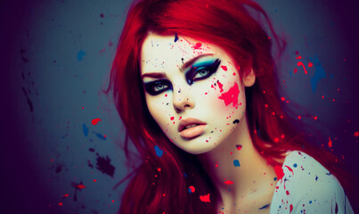Vibrant artistic portrait of a young red-haired woman with a splattered paint effect across her face and hair