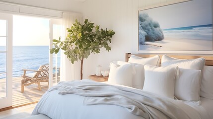 Coastal cottage bedroom with a white bed and beachy decor