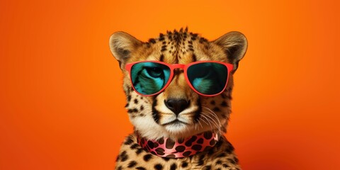 Cheetah with pink sunglasses on an orange background. - obrazy, fototapety, plakaty