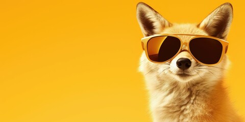 Fennec fox with orange sunglasses on a yellow background. - obrazy, fototapety, plakaty