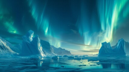 The aurora lights shine brightly in the night sky over an ice floese and icebergs in the ocean, northern lights