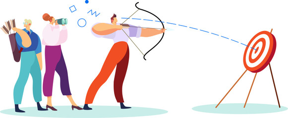 Archery practice, aiming archer with bow and arrow, target bullseye hit. Team support in sport event, coworkers cheering competing colleague. Focused employee achieving company goal, target success